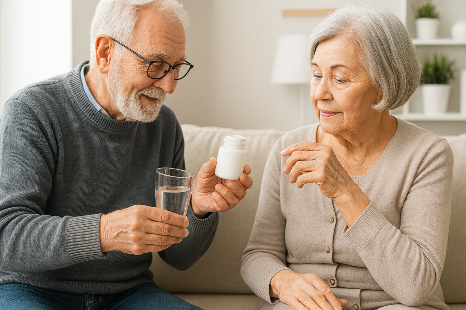 „Älteres Ehepaar zu Hause, der Mann hält ein Glas Wasser und eine Medikamentendose, die Frau schaut aufmerksam zu.”