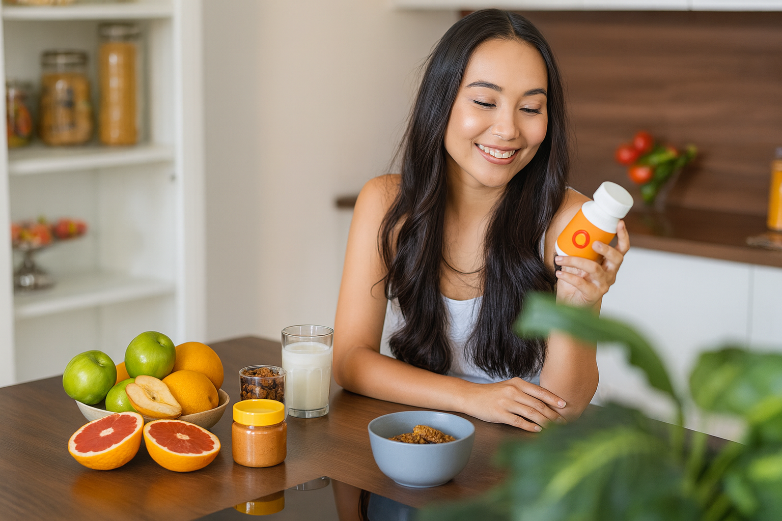 „Lächelnde junge Frau am Frühstückstisch mit Obst, Milch und Müsli vor sich, hält ein Kapselnfläschchen in der Hand.”