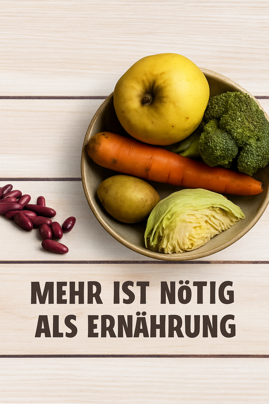 „Obst und Gemüse in einer Schale, rote Bohnen daneben, mit dem Text: ‘Heute braucht es mehr als nur Ernährung’.”