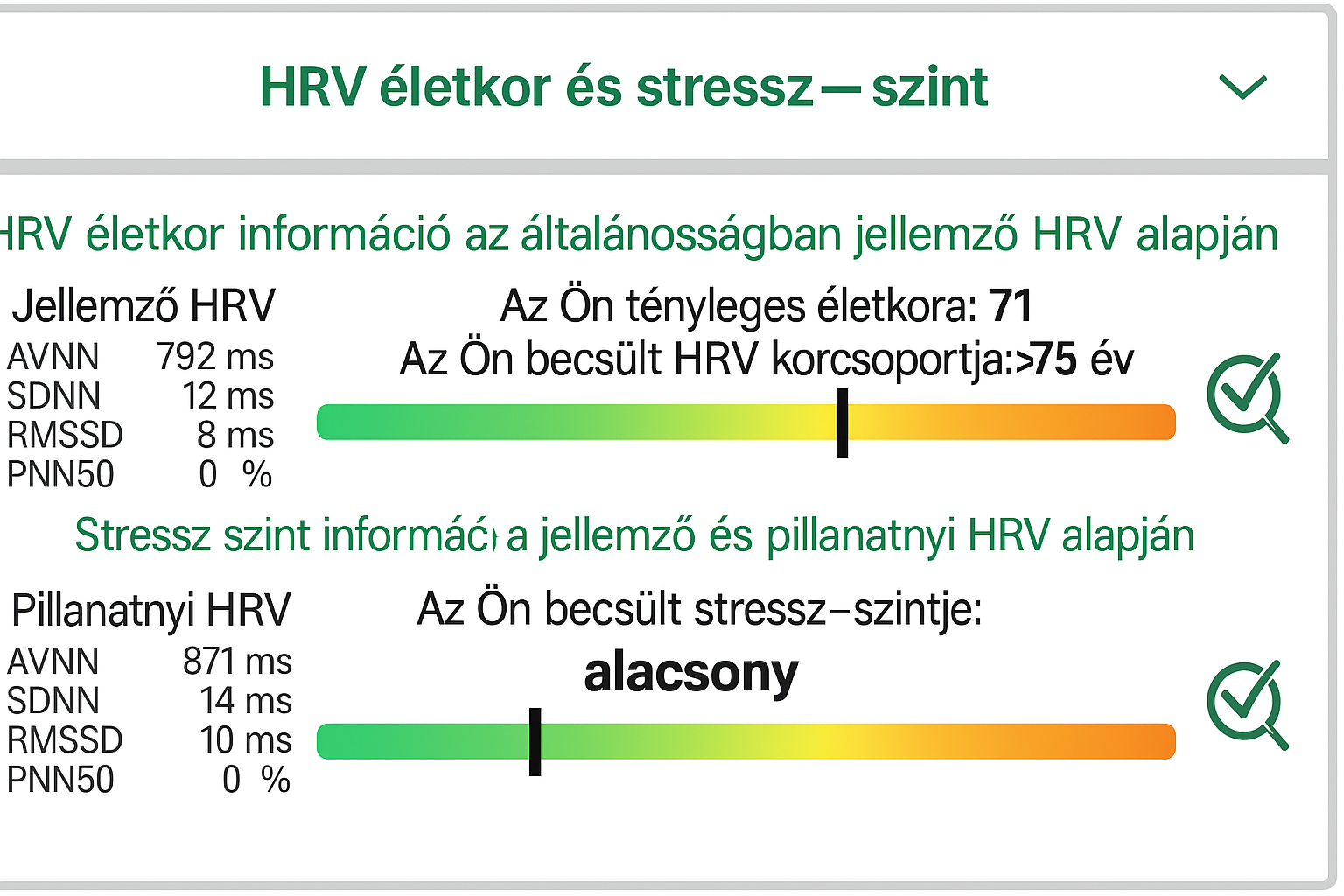 „HRV mérési eredmény: a tényleges életkor 71 év, a becsült HRV korcsoport >75 év. Stresszszint: alacsony.”