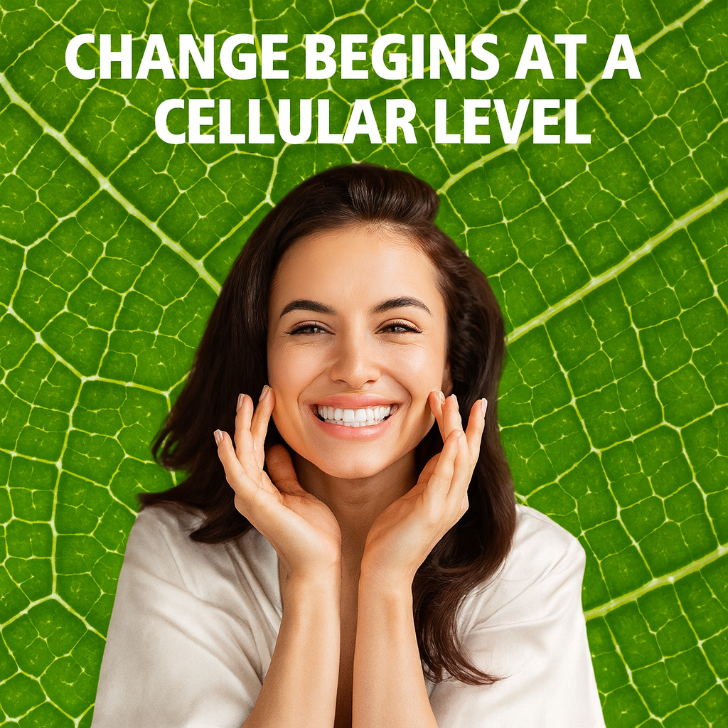"A smiling young woman in front of a green leaf pattern background, with the caption: 'Change begins at the cellular level."