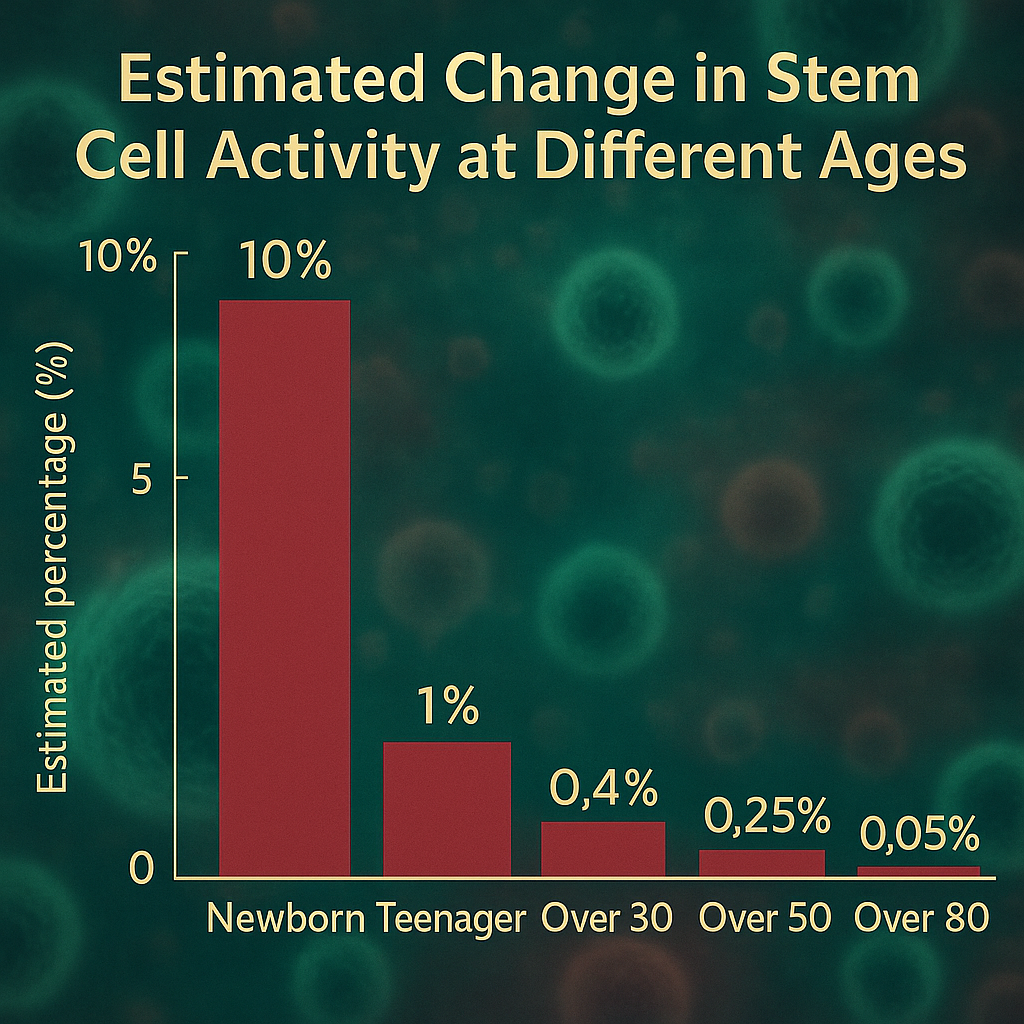 "Diagram showing the decline in stem cell count with age, from newborns to over 80 years old."