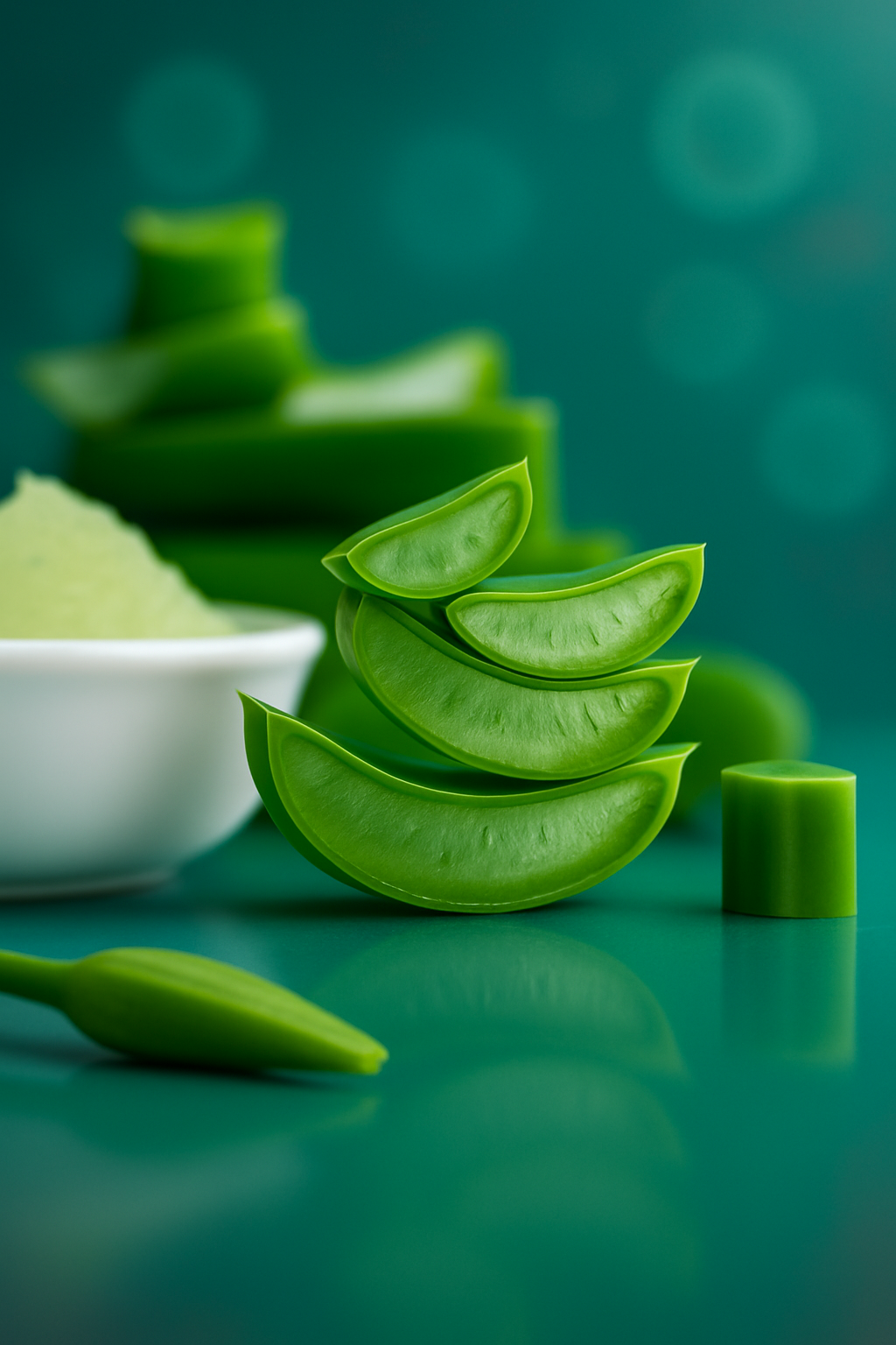 „Friss, szeletelt aloe vera levelek és egy tál aloe gél.”