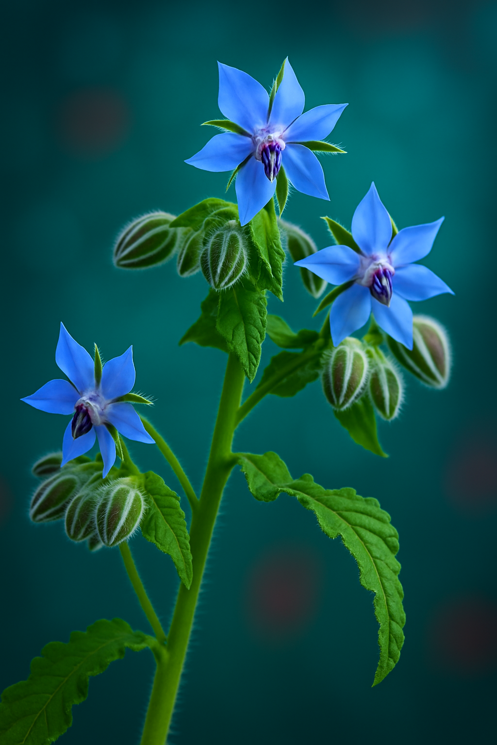 „Friss borágó (Borago officinalis) virágok és zöld levelek.”