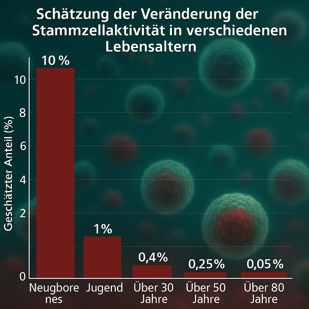 "Diagram showing the decline in stem cell count with age, from newborns to over 80 years old."