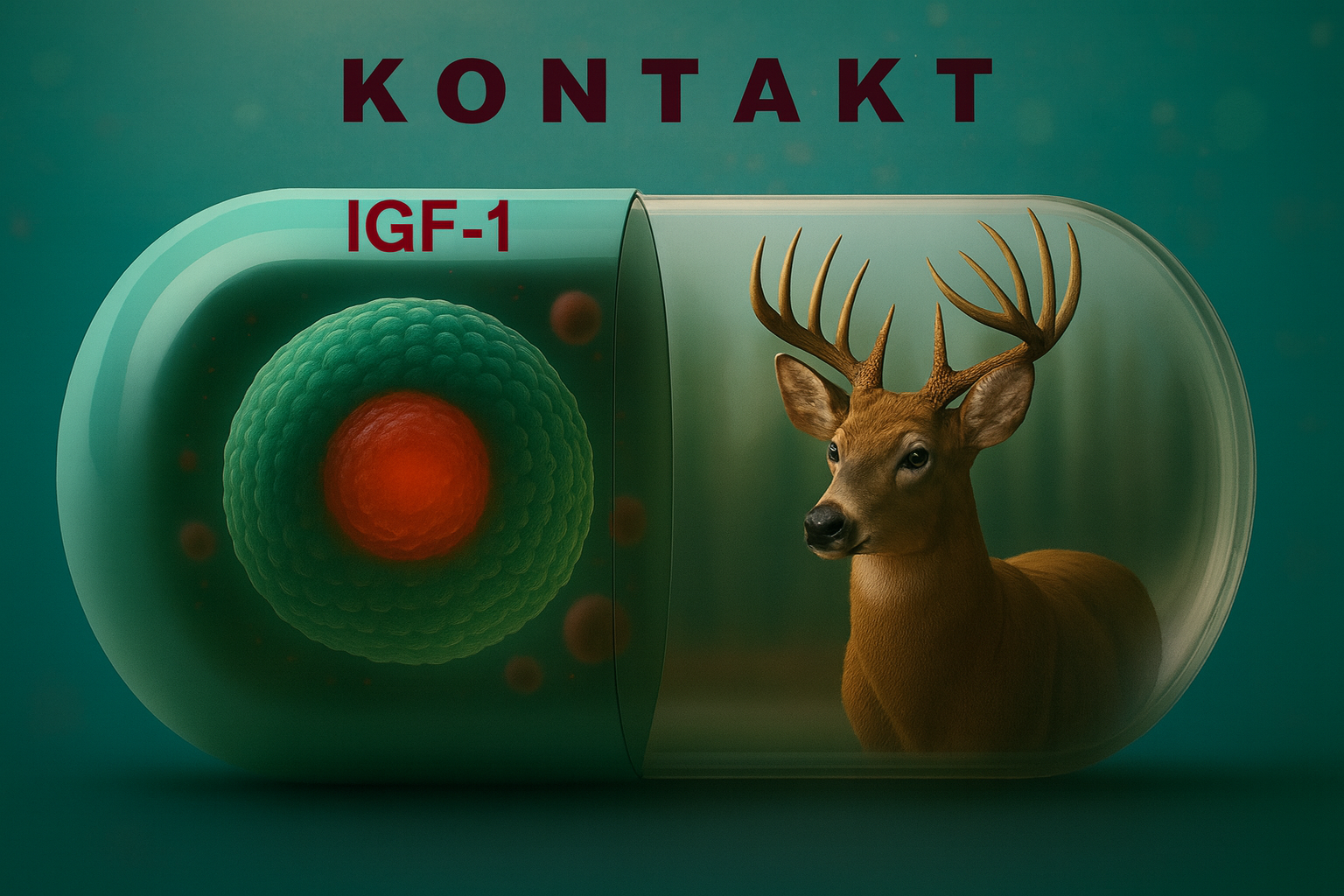 „Illustration einer Kapsel, in deren einer Hälfte ein IGF-1 insulinähnlicher Wachstumsfaktor und in der anderen Hälfte ein Hirsch zu sehen ist, als Hinweis auf Nahrungsergänzungsmittel mit Hirschgeweih-Extrakt.”
