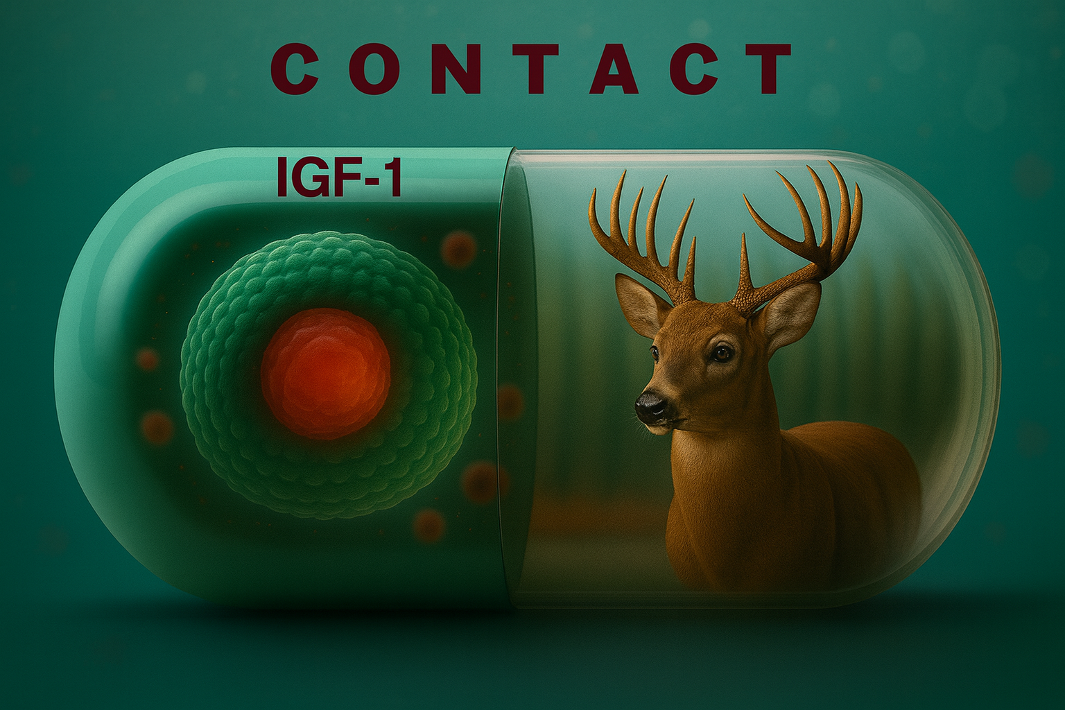 "Illustration of a capsule containing an IGF-1 insulin-like growth factor in one half and a deer in the other, referring to supplements based on deer antler extract."