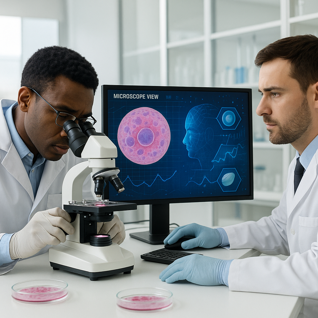 „Wissenschaftler im Labor: Künstliche Intelligenz unterstützt die Zellforschung.”
