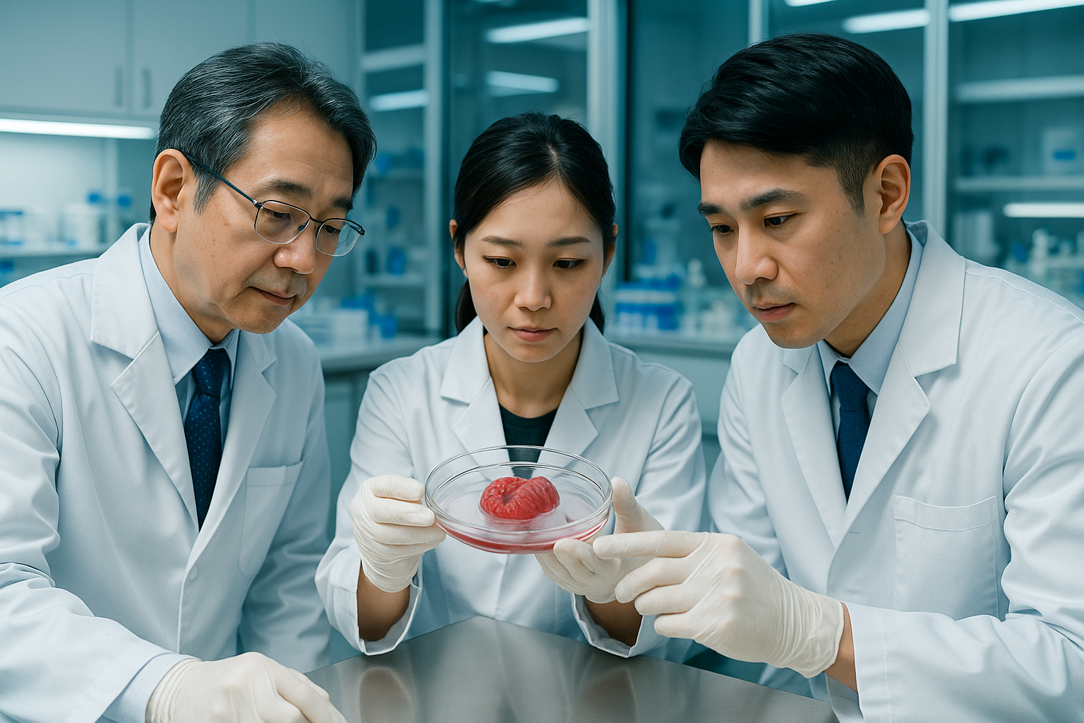 „Japanische Forscher untersuchen Herzgewebeproben in einem modernen Labor.”