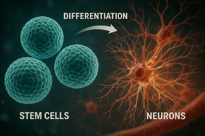 „Őssejtek differenciálódása neuronokká – szemléltető ábra az őssejt-aktiválás és idegsejt-képződés folyamatáról. A kép az idegrendszer regenerációját és sejtmegújulást mutatja be.”