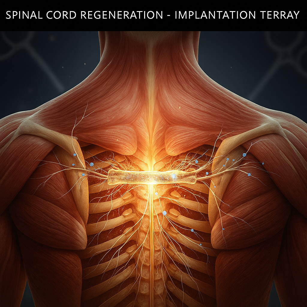 „Gerincvelő regeneráció illusztráció – az idegsejtek helyreállítása és a regenerációt segítő implantátum beültetése. A kép az őssejt-aktiválás és az idegrendszer regenerációjának folyamatát szemlélteti.”