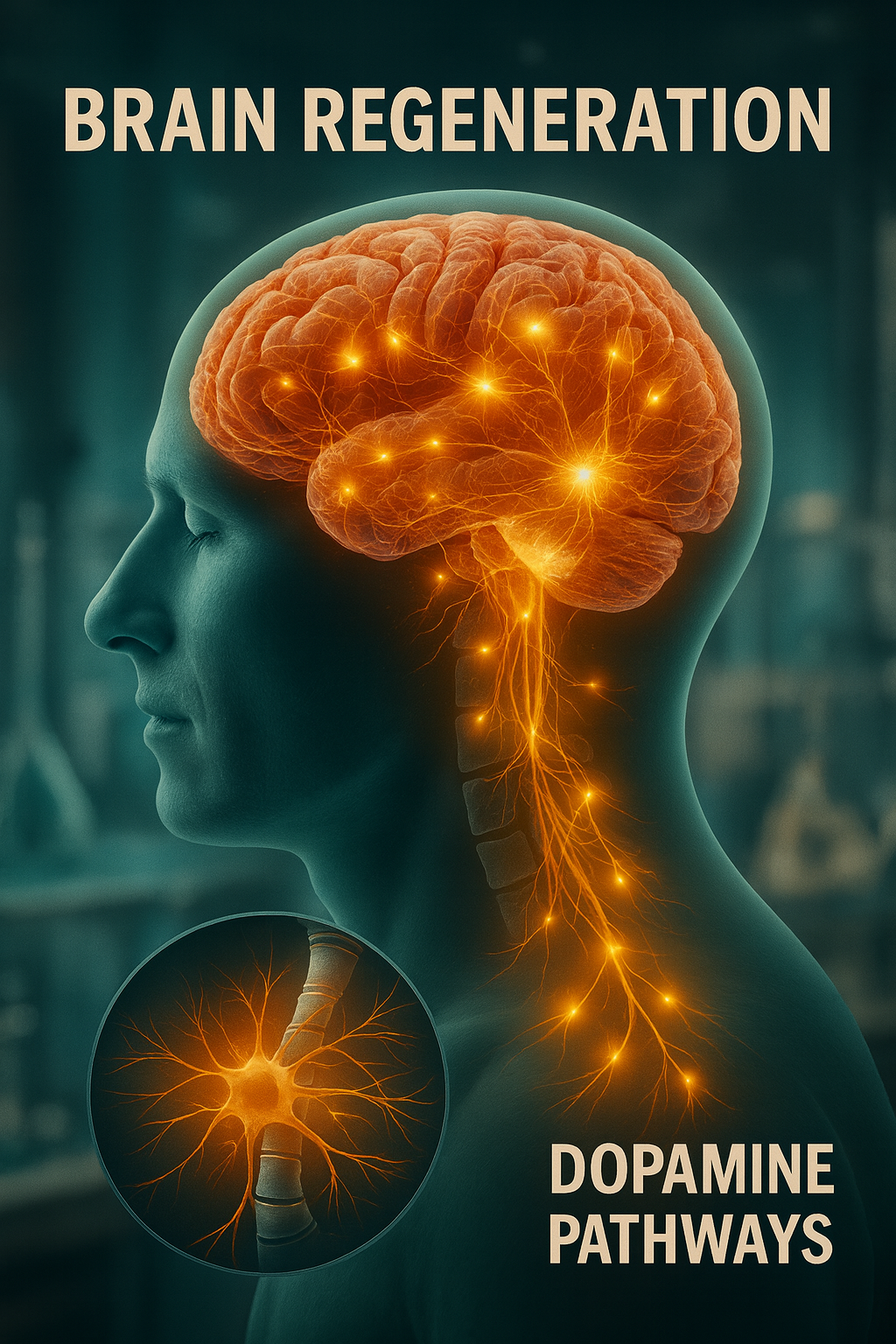 „Agyregeneráció és dopamin-útvonalak illusztrációja – bemutatja az idegsejtek aktiválódását és az agyi regeneráció folyamatát. A kép az őssejt-aktiválás és az idegrendszeri megújulás jelentőségét szemlélteti.”
