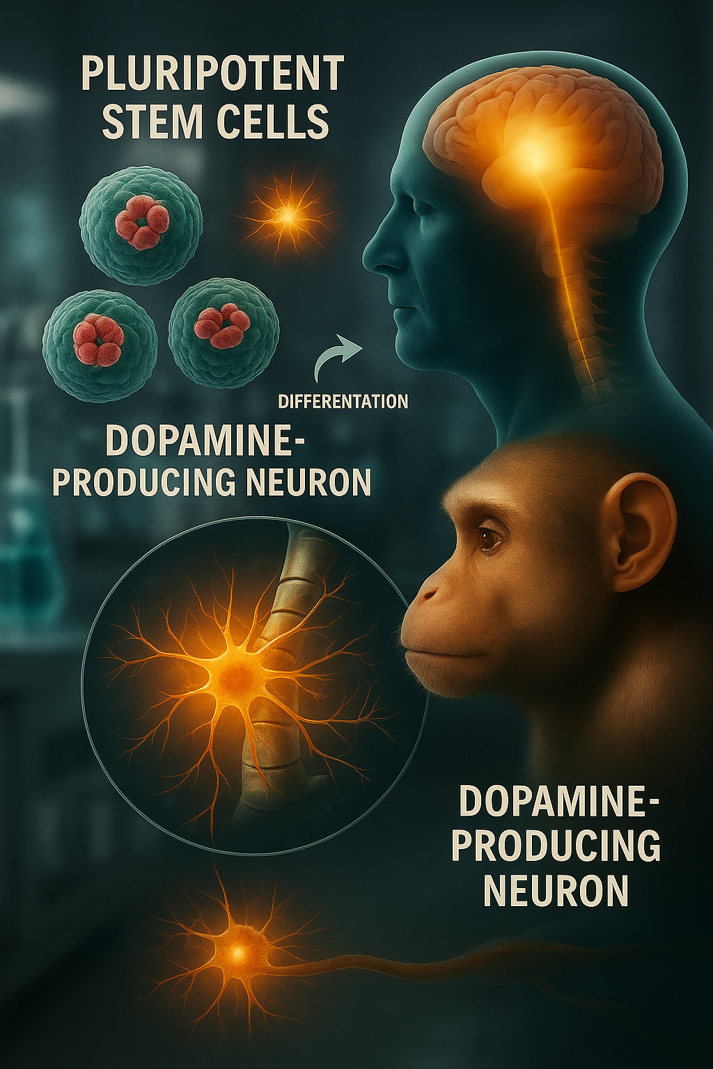 „Pluripotens őssejtek differenciálódása dopamintermelő neuronokká – grafikus ábra, amely bemutatja az őssejt-aktiválás szerepét az idegrendszer regenerációjában és a dopamin-termelés helyreállításában.”